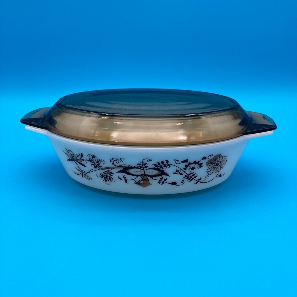 Vintage Pyrex England Brown Vine Oval Casserole Dish with Smoky Glass Lid
